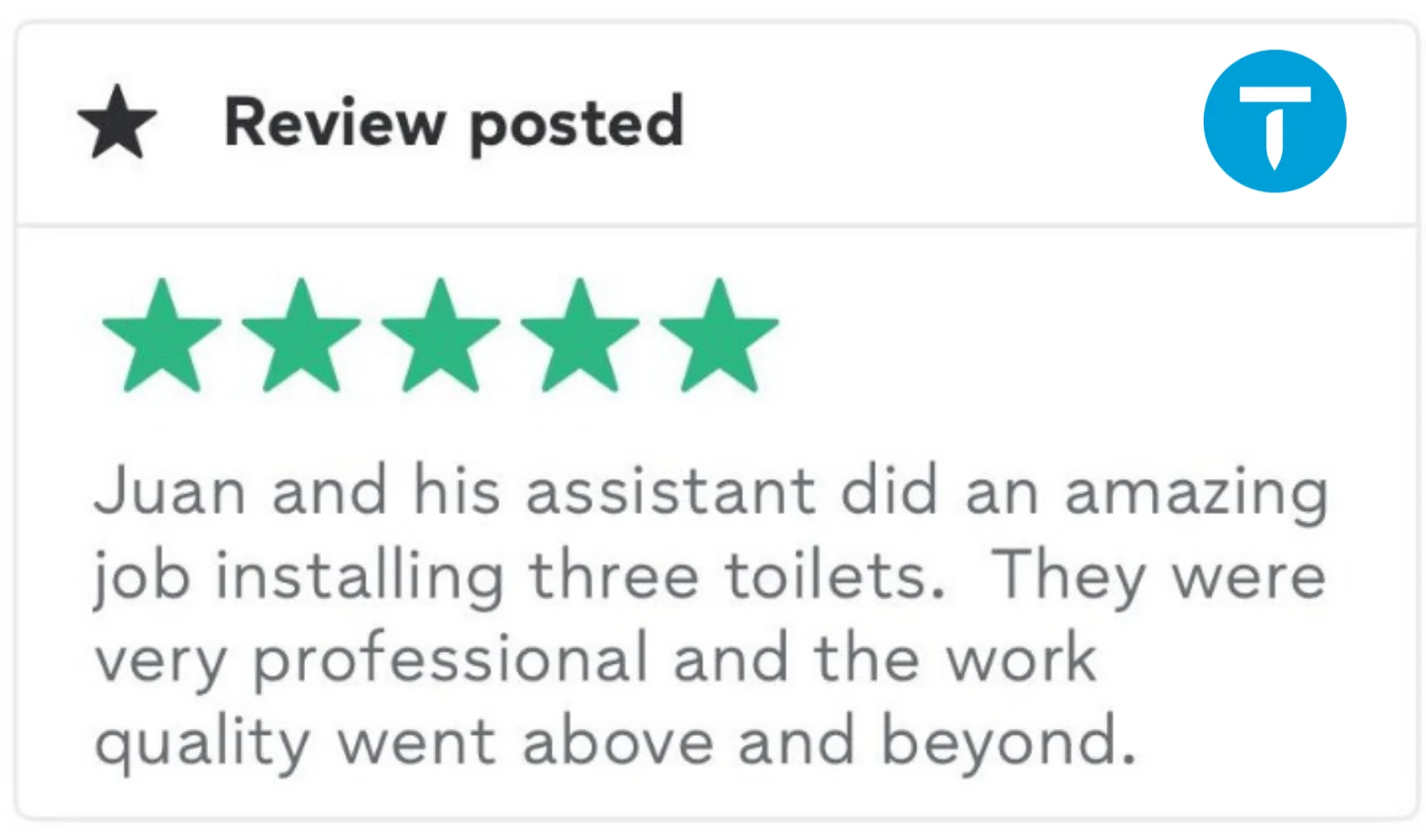 Five-star review: Amazing toilet installation by Juan & his assistant.