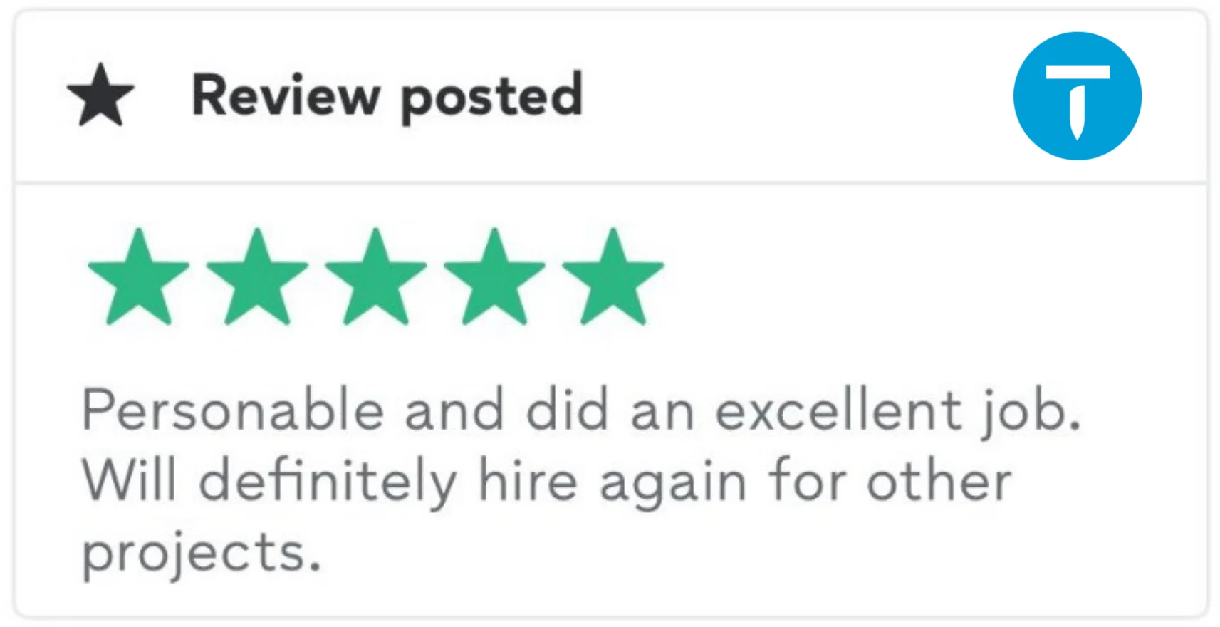 Five-star review: Personable, excellent work. Will hire again!