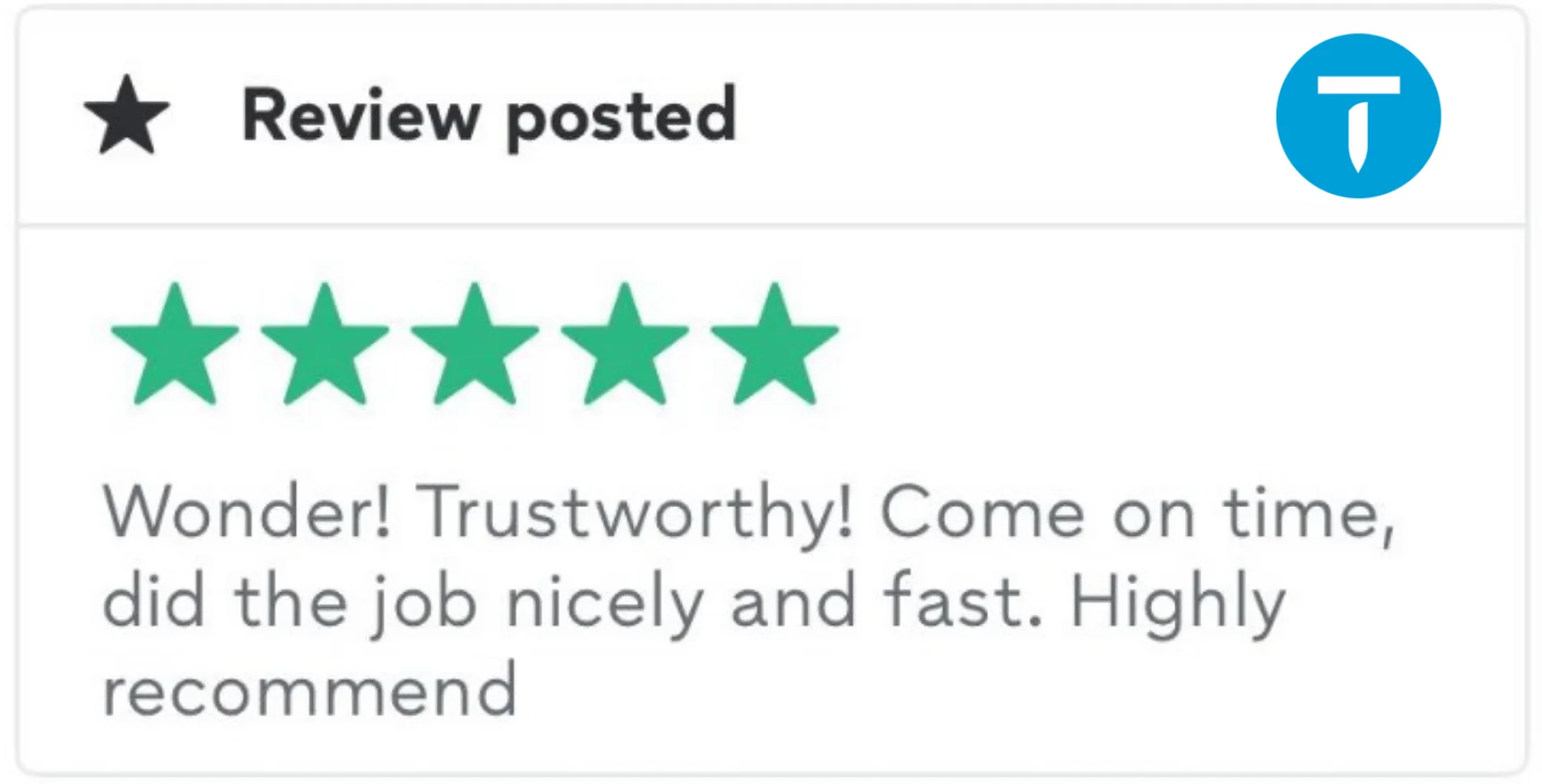 Five-star review: "Wonder! Trustworthy! On time, great job!